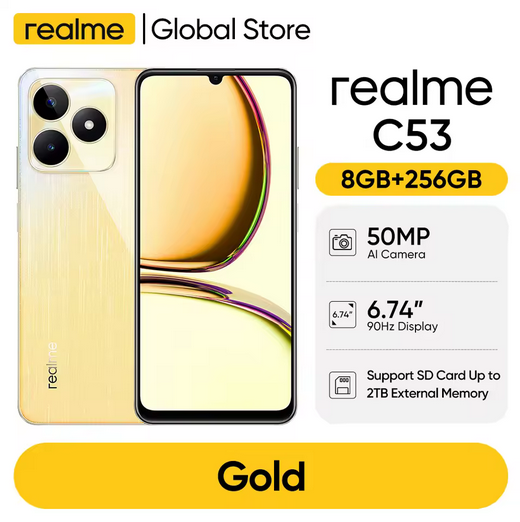 realme C53 6.74" HD 90Hz Screen 8GB 256GB Octa Core Ultra Slim Phone with 5000mAh Battery 50MP AI Camera