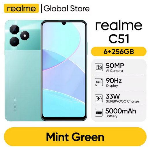 realme C51 6.74'' 90Hz Display 50MP AI Camera 33W SUPERVOOC Charge 5000mAh Battery 6GB+256GB Powerful Octa-core Smartphone